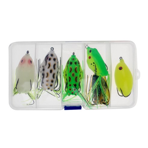 6pcs 실물 같은 개구리 미끼 Topwater 낚시 미끼 크랭크 베이트 후크 태클 상자, 18x9x3cm, 무작위, 고무