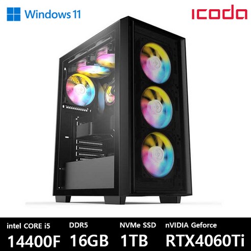 ICODA 게이밍 조립PC 발로란트/오버워치/피파/배그, i5-14400F/RTX4060Ti, WIN11 Home, 1TB, 16GB, 블랙