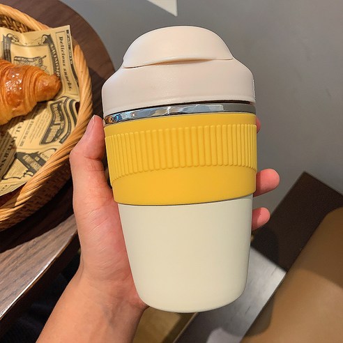 더블 음료 진공 보온컵 여자 물컵 휴대용 벨트 빨대 밀크티 컵 망홍 귀요미 커피잔 트렌드 H42, 노랑, 황색, 350ml