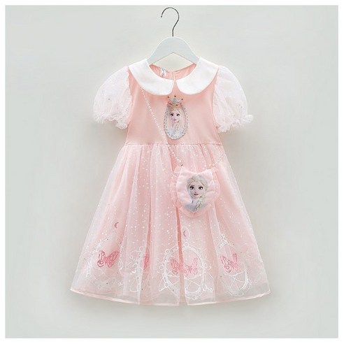 여아 반팔 얼음공주 원피스 (가방포함) 키즈 공주 원피스 드레스 겨울공주 파티룩 100, 사이즈, 핑크, 핑크 섬네일