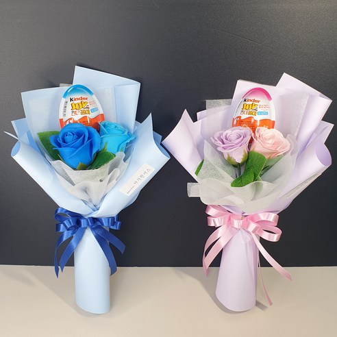 킨더조이+장미 비누꽃 미니 꽃다발 유치원 어린이 졸업 입학 생일 축하 재롱 발표 연주회, 블루