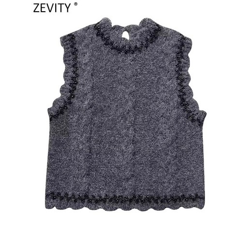 Zevity 2023 여성 패션 민소매 밑단 화이트 라인 트위스트 크로셰 니트 조끼 스웨터 여성 시크 조끼 풀오버 상의 SW5776