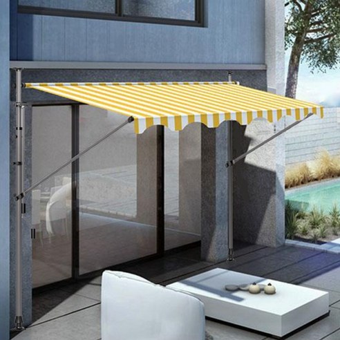 수동 어닝 넓은 면적의 자외선 차단 상점 입구 발코니 테라스 캐노피 그늘막, 350x120cm, J. 노란색과흰색줄무늬음영천+회색브래킷