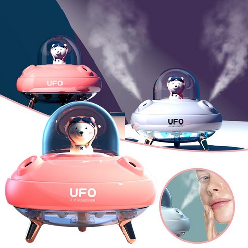 BESTOPE 다채로운 조명이있는 400ml UFO 더블 스프레이 가습기 만화 침묵의 가정용 물 보충, 스토리지 배터리 핑크