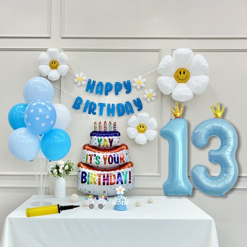 연지마켓 생일 파티 케이크 데이지 왕관 숫자 풍선 가랜드 세트, 1세트, 케이크 블루B 13