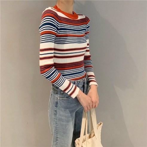 KORELAN 가을 겨울 라운드 네크라인 긴팔 스트라이프
