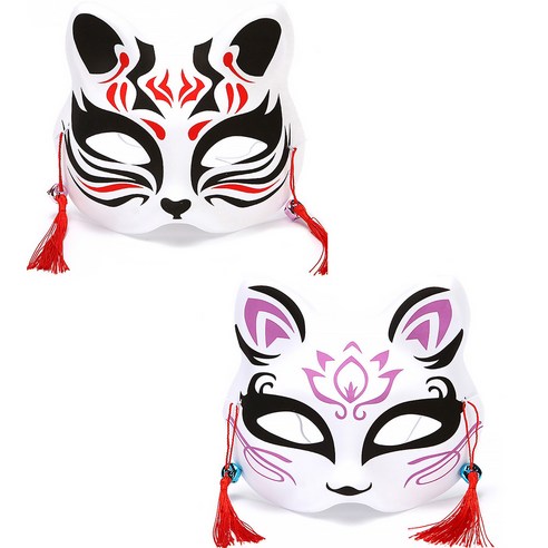 일본풍 여우가면2개입 구미호 고양이 코스프레 할로윈 파티 마스크 핼로원가면 파티가면 코스튬가면, 2개, 블랙1P+퍼플1P