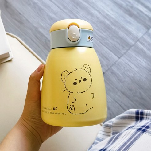 [LM] 600ml 곰 스티커 물병 스테인리스 보온병 짚 진공 절연 휴대용 Leakproof 텀블러 컵 선물, {"크기":"600ml"}, Yellow