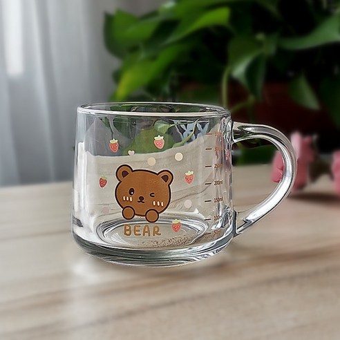 유리컵 빨대 우유 아침컵 귀엽다 만화 눈금 컵 덮개 숟가락 선물 글씨, 301-400ml, 380ml 귀여운 곰돌이