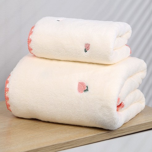 자모 타월 곰 자수 패턴 비치 타월 촘촘한 코랄 벨벳 타월 목욕 타월 투피스, 수건 35 x 75, 아이보리-복숭아