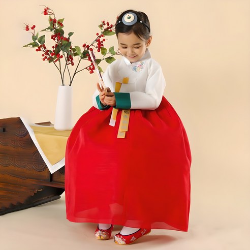 아가명주 여아용 백설 들꽃 한복 세트
