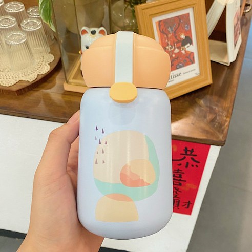 작은 신선한 휴대용 보온병 컵 304 스테인레스 스틸 마시는 컵 야외 물 컵 심장 휴대용 한국어 버전, 업그레이드된 노란색 뚜껑 350ml, 싱글 컵