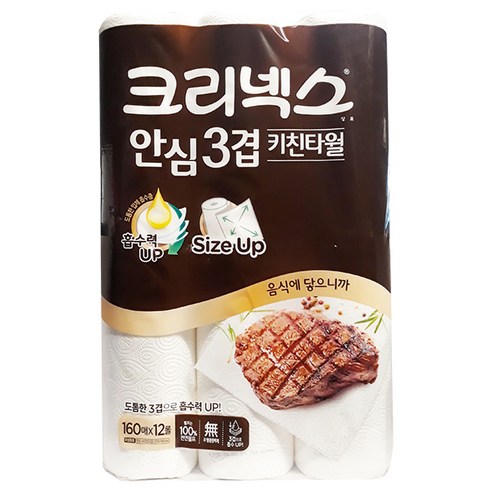 크리넥스 안심 3겹 키친타올 160매 X 12롤, 12개입, 1개