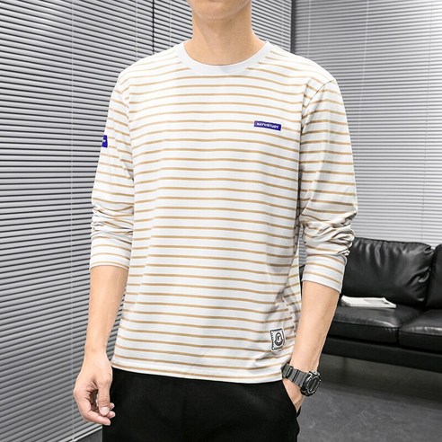 봄 가을 남성 긴팔 트렌디 레깅스 패션 트렌디 맨투맨 골프 티셔츠 줄무늬 라운드넥 루즈핏 긴팔티
