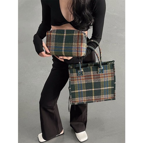 DFMEI 대용량 가방 새로운 가방 여성 복고풍 격자 무늬 모직 핸드백 통근 모든 경기 레저 토트 백