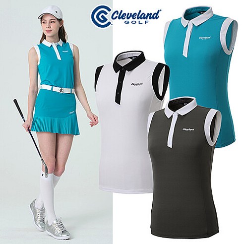 클리브랜드 여성용 암홀 넥라인 컬러배색 3버튼 민소매 골프 티셔츠 CGKWTS1085