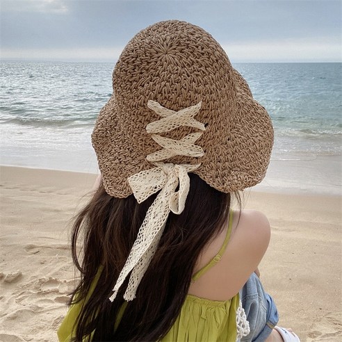 실버스 여성 여름 비치 모자 리본 레이스 라피아햇 밀짚모자