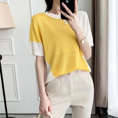 LCY 한국어 스타일 스 실크 니트 셔츠 여성 여름 새로운 반팔 티셔츠 대비 색 느슨한 풀오버 니트 슬림 탑