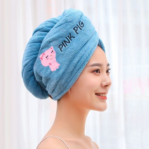 ZZJJC 드라이캡 여성 코랄 융에 두꺼운 목욕 모자 소프트 흡수속건 홈 데이용 심플 자수 드라이캡, 블루 피그, 25*65CM(단층)