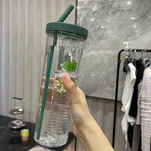 Onllyer 700ML 접이식 밀짚컵 투명 대용량 물병 휴대용 주스컵 레몬필터 귀여운 음주병, Green straw