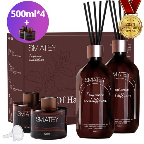 스미어티 프리미엄 실속형 500ML 대용량 실내디퓨저+유리병 2개+ 섬유스틱 10p 실내방향제 집들이선물, 4개, 호텔 목재