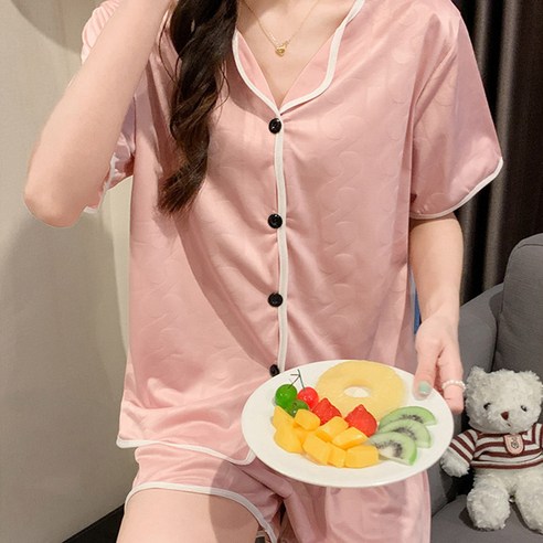 러브핑코 여성 반팔 레이스 잠옷 파자마 상하 세트 꽈배기