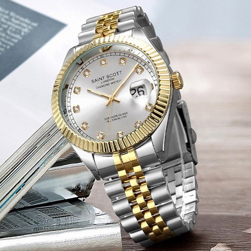 세인트스코트 본사 정품 천연 다이아몬드 세팅 사파이어 글라스 커플 시계 ST5601