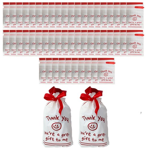 쿠이시 간식 포장 봉투 선물 주머니 리본 기프트백, 50장, 땡큐 레드(대형)
