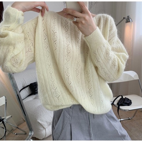 가을 새로운 한국 스타일 게으른 기질 모헤어 라운드 넥 스웨터 느슨한 슬리밍 중공 부드러운 찹쌀 양모 스웨터