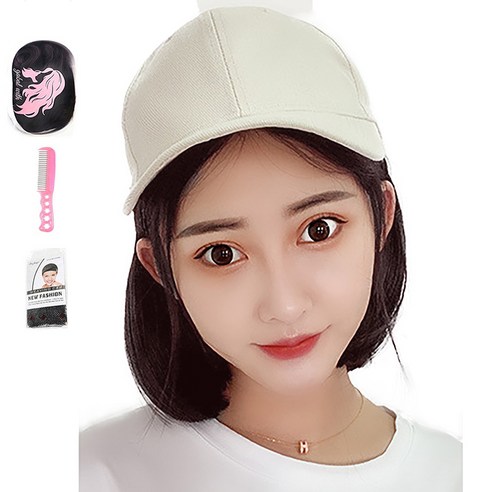 가발위드 단발 스타일캡 모자가발+가발망1개+가발전용빗1개 세트, 1개, 베이지+다크브라운