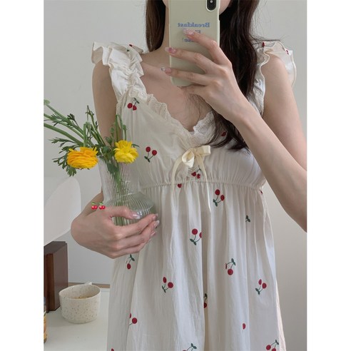 봄날의꽃 민소매 리본 앵두 원피스 잠옷 홈웨어