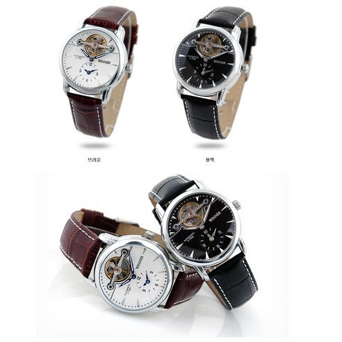 WINNER 오토매틱 남자손목시계 블랙 스틸 소가죽 밴드 크로노 작동 남성용 시계