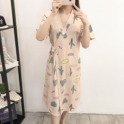 DFMEI-Y 기모노 잠옷 여성 여름 반팔 Nightdress 목욕 가운 느슨한 대형 잠옷 여성 봄과 가을 중간 길이 가운, DFMEI 스트립 반팔 선인장, S 사이즈 (80-95 Jin 권장)