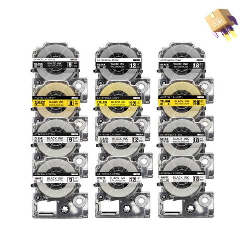 우리프라자 엡손 라벨테이프 12mm 18mm 9mm 3개 세트 묶음 LW-K200BL K200PK C410 C610 K200BK H200RK, 9미리, 투명배경 검정문자 3개