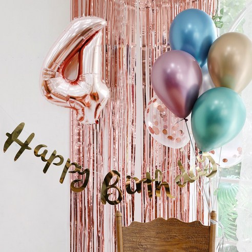 파티스토어 생일파티 4종세트 _ 홈파티세트 파티용품세트, 생일파티 4종세트(메탈크롬)_숫자풍선(로즈골드)_4