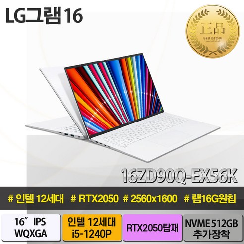 2022 LG전자 그램 16ZD90Q-EX56K (40.6cm 인텔12세대 앨더레이크 CPU NVMe 256GB 16GB), Free DOS, 스노우화이트, 768GB, 코어i5, 16GB