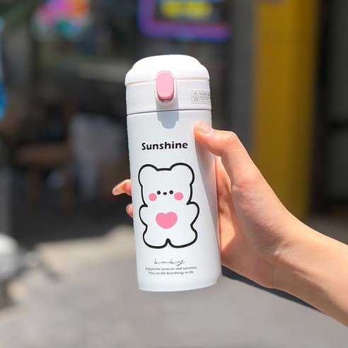 [LM] 380ml 귀여운 곰 보온병 스테인레스 스틸 보온 만화 스포츠 차 보온병 빨대, {"크기":"380ml"}, White B