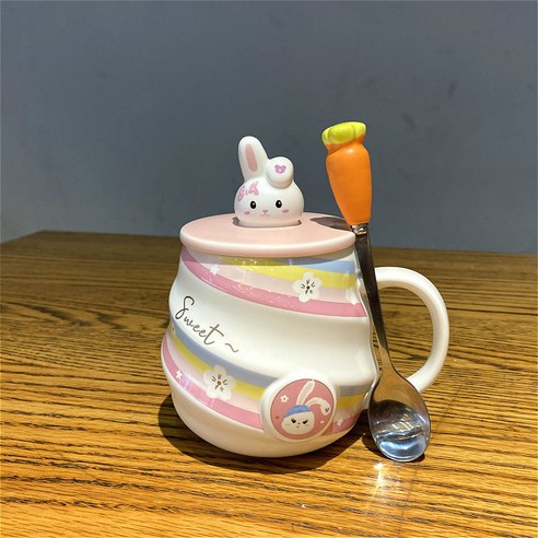 [다나에]홈 세라믹 머그잔 아침 우유 커피 잔, 리틀 블루 모자-무 스푼, 420ml