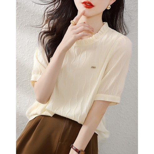 ANYOU여자 얇은 단색 시어서커 라운드넥 블라우스 산뜻한 반팔 티셔츠
