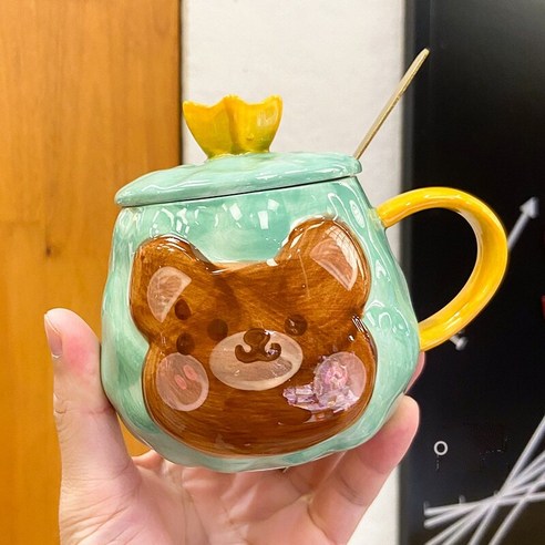 Mao한국어 스타일 귀여운 곰 크라운 세라믹 컵 패션 커피 컵 만화 동물 머그잔, 녹색_400Ml