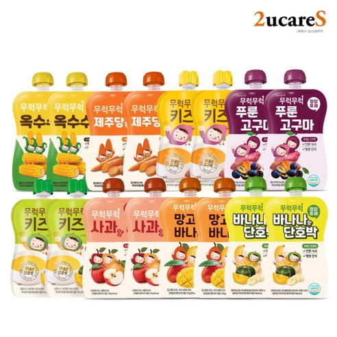 당근, 사과, 옥수수, 단호박, 망고, 바나나 등 다양한 과일퓨레로 구성이 되어 있어서 아기에게 골고루 먹일 수 있어요. - 1