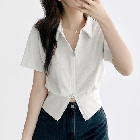 [기본템] 데이지클로젯 더블링 카라 무지 반팔 투웨이 집업 / 봄 여름 가을 간절기 잘록핏 청순 여리핏 캐주얼 꾸안꾸 여성 여자 데일리룩 학생 교복 아우터 심플 지퍼 스트릿패션