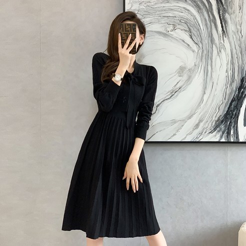 【TOW】패션 스타일의 닫기 피팅 블랙 니트 드레스 여성 가을 겨울 솔리드 컬러 기질 기지 긴 소매 스웨터 드레스