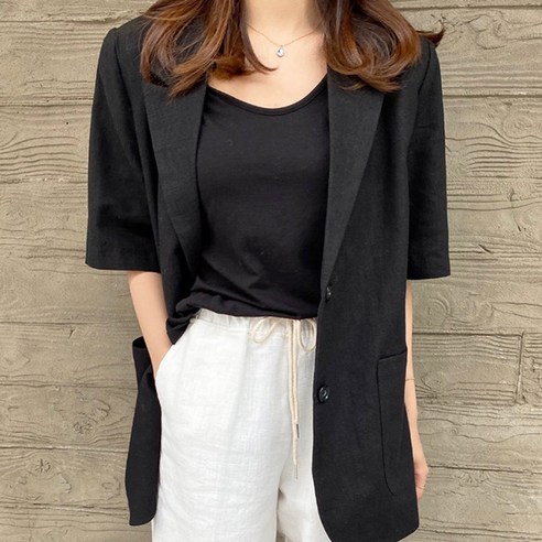 [발리걸] 데일리 린넨 카라 투버튼 반팔 오버핏 자켓