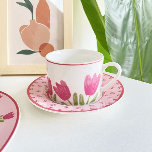 핑크 튤립 커피 세라믹 컵 귀여운, 튤립 컵과 접시 세트