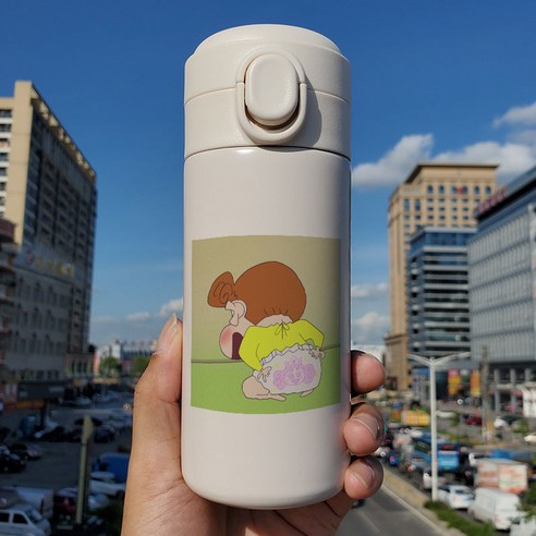일본 인터넷 연예인 귀여운 크레용 작은 새로운 튀는 뚜껑 보온병 학생 작은 휴대용 컵 스테인리스 차 컵, Q57N크레용신화튀는컵, 300 ml