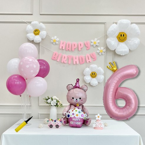 연지마켓 데이지 곰돌이 생일 파티 숫자 풍선 가랜드 세트, 6, 1세트, 베어 핑크 6