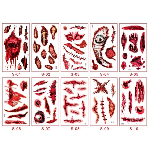 cosmag 할로윈 호러 타투 문신 스티커 파티 상처 분장 스티커, 1세트, 흉터 S시리즈 10종