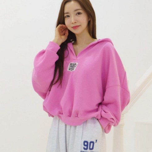 비쥬 브이넥 루즈핏 후드맨투맨 캐쥬얼 롱티
