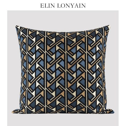 엘린 현대 간단한 럭셔리 블루 기하학 패턴 자수 쿠션 베개 모델 룸 베개, 50x50cm (코어)